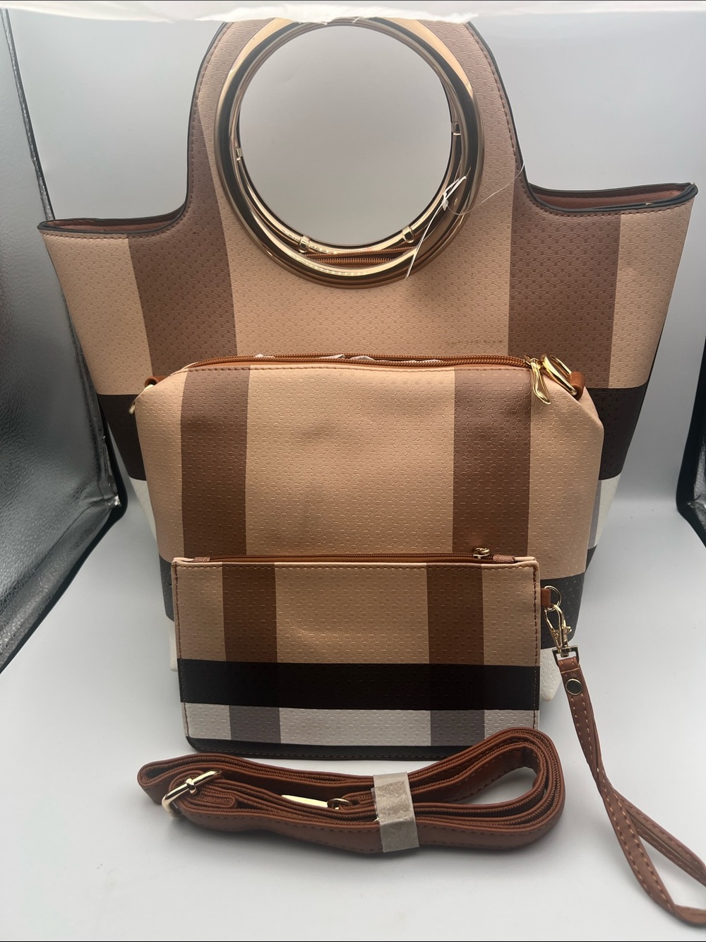 Striped Neutral Tote Bag with Wristlet and Crossbody Strap - Beige Brown